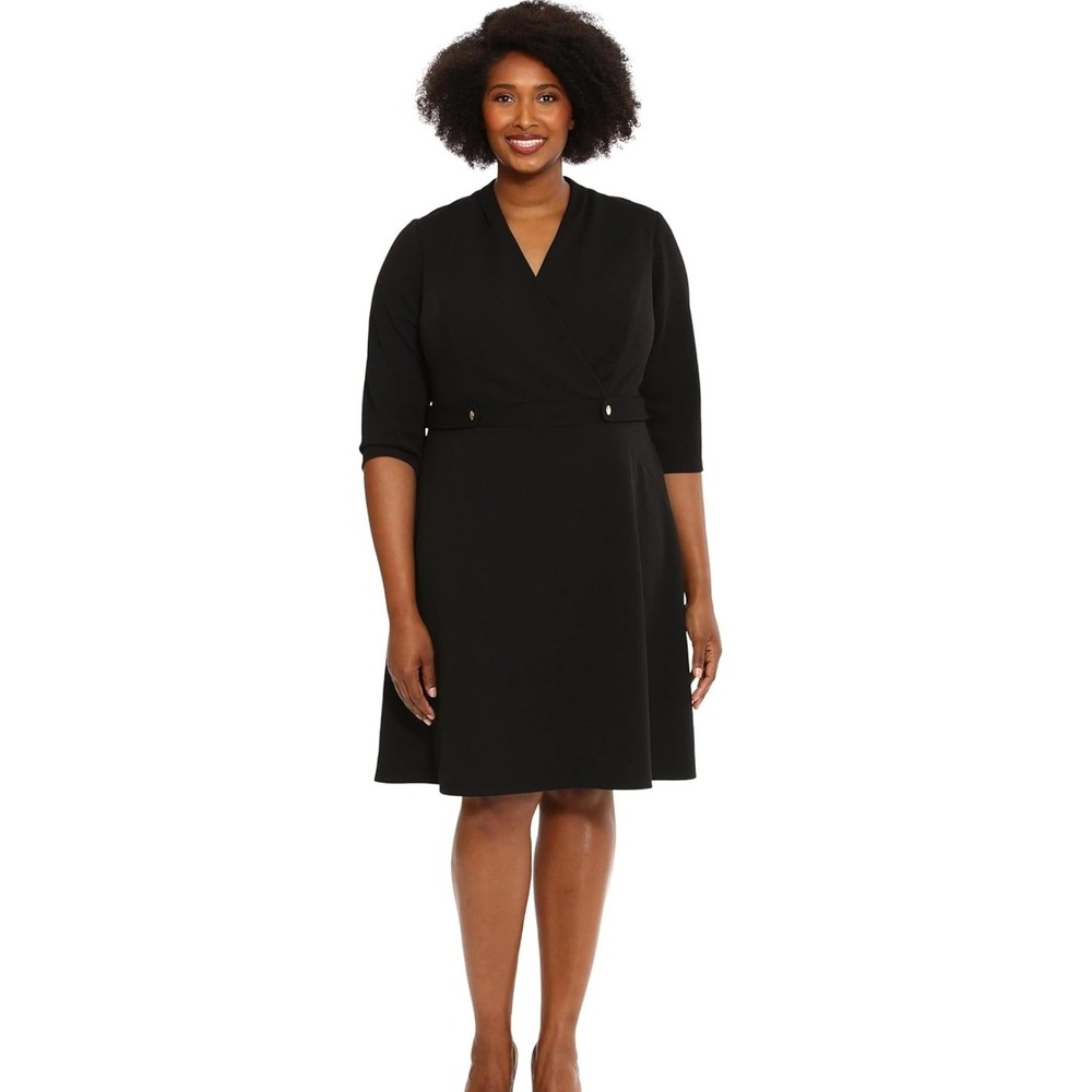 London Times Woman Black V-Neck Fit Flare Dress Plus‎ Size 18W T7099W NEW
